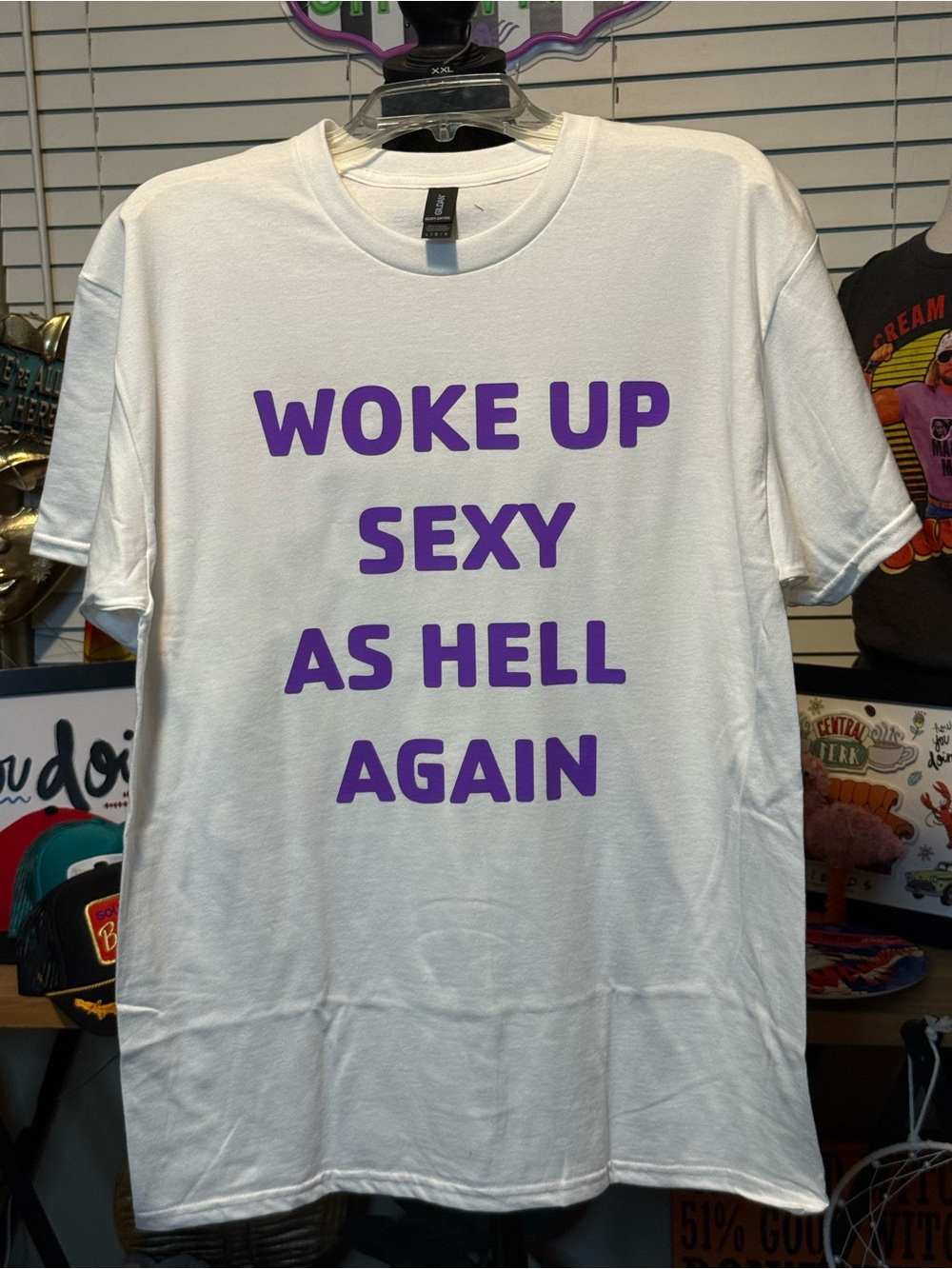 New Custom Gildan White T-Shirt with Purple Bold Slogan Unisex